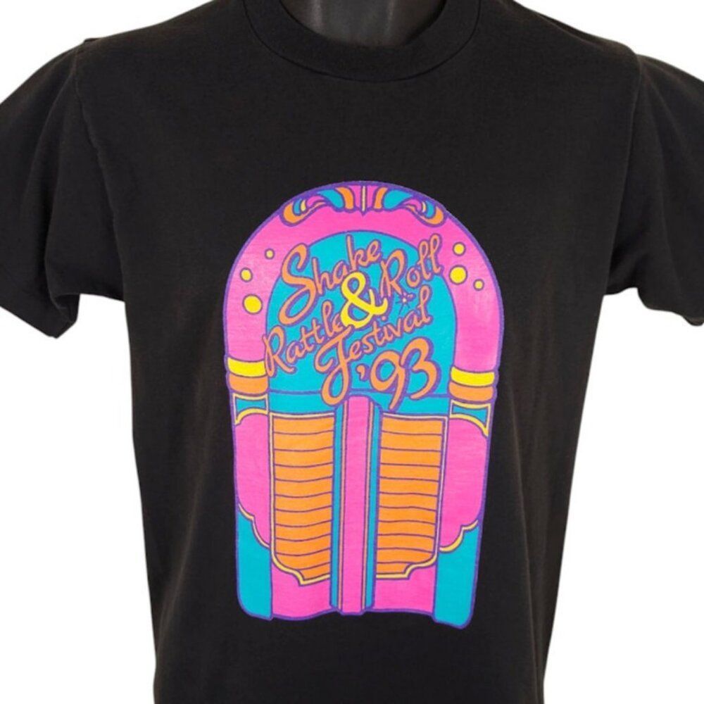 Vintage Jukebox T Shirt Mens Size Small Black 90s Shake Rattle & Roll Fest USA